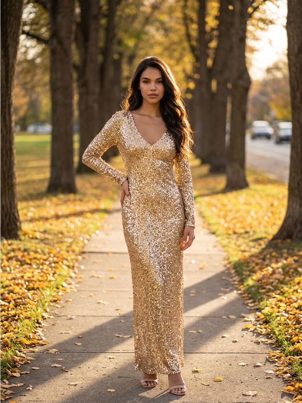 Fashion Nova Gold Sequin Long Sleeve V-Neck Gown